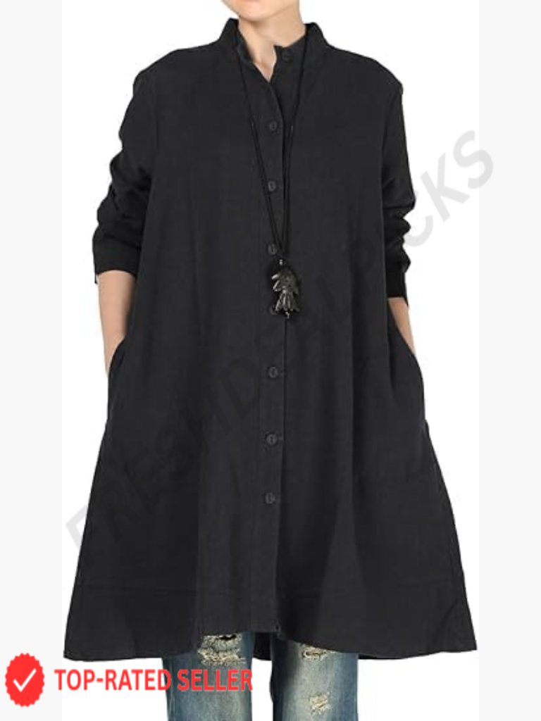 Oversized Button Down Shirt Long Sleeve Cotton Linen Blouse Jacket With Pockets
